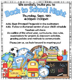 Flyer advertising back to school night with time and location.